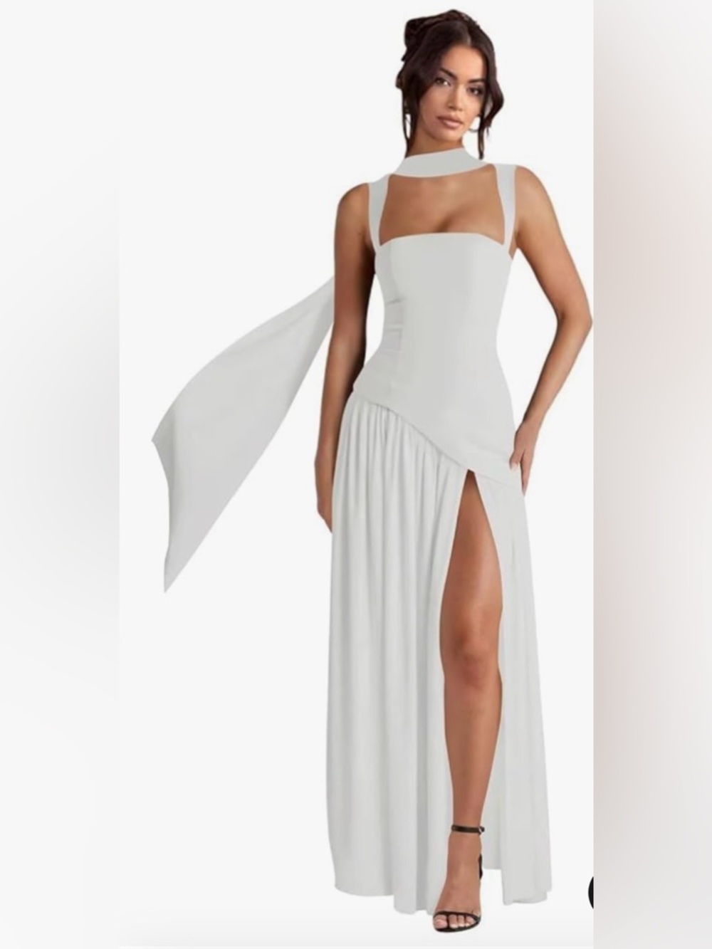 White Square-Neck Maxi Dress with High Slit NWT